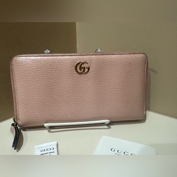 Gucci Marmont Pink Pebbled Leather Continental Zippy Wallet W/Box - Picture 1 of 13